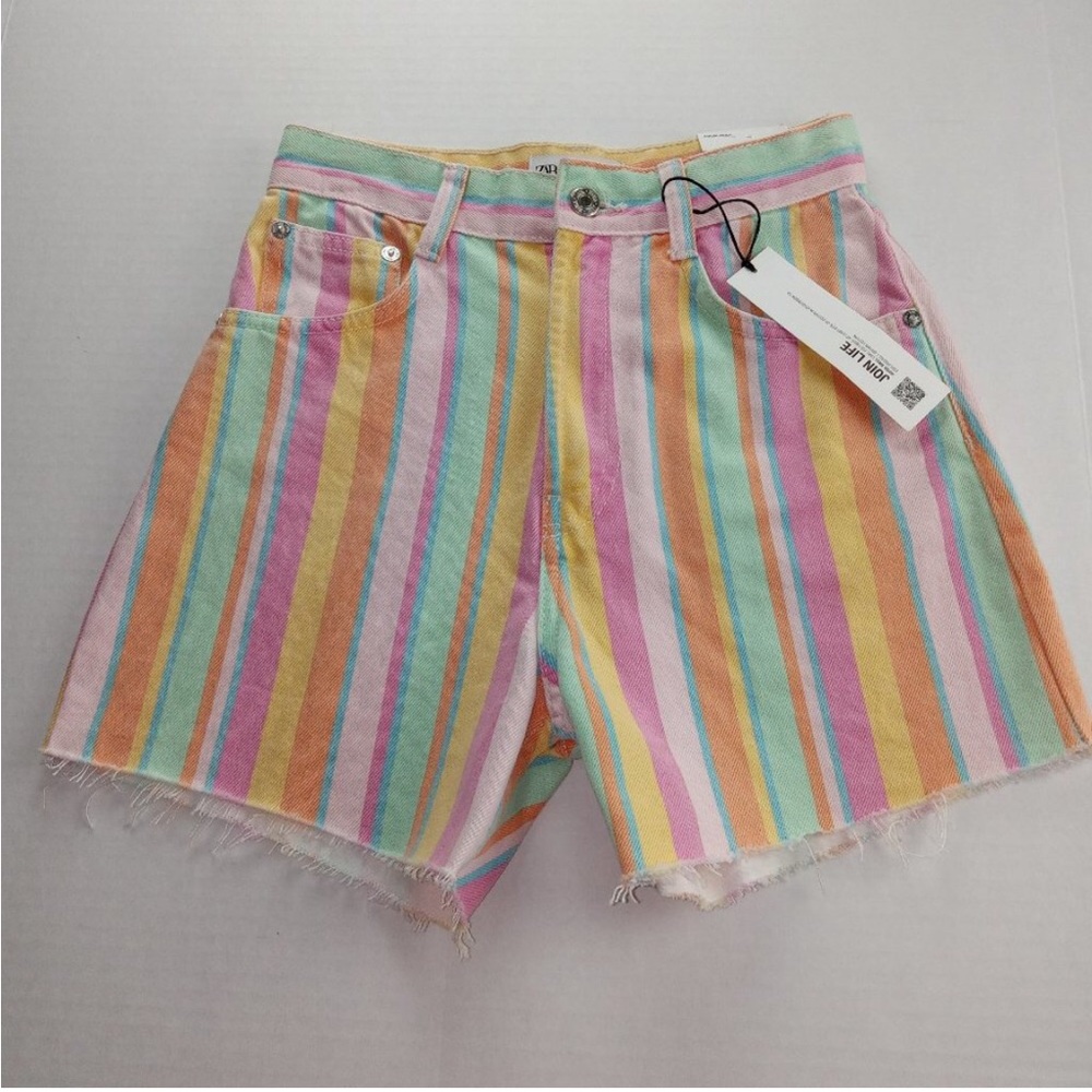 ZARA Women's Cutoff Denim Shorts Size 2 Pastel Stripes High Rise Raw Hem Jeans